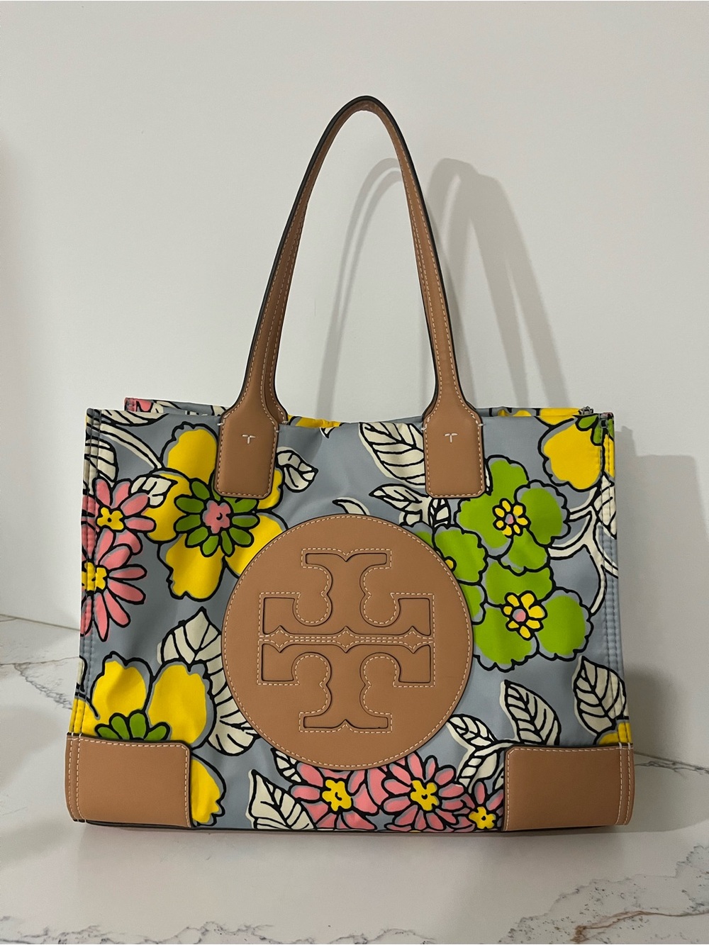 Tory Burch Pastel Floral Logo Tote in Light Blue and Tan - Picture 4 of 8